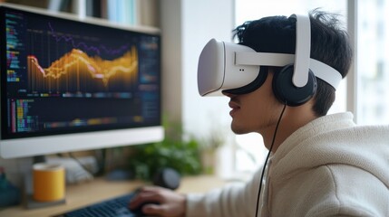 The individual is deeply engaged in a virtual reality experience while surrounded by computer screens displaying vibrant data trends in an upscale workspace
