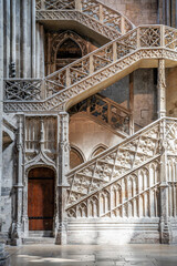 The 15th-century stairway to the medieval library, inside Rouen Cathedral also called Cathedral of Notre-Dame, in Gothic-style, Rouen, Normandy, France