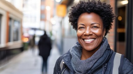 Fototapeta premium A joyful woman with natural curly hair stands on a bustling city sidewalk, dressed warmly in a black jacket, as pedestrians stroll past colorful buildings on a sunny day