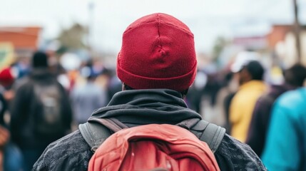 The individual in a red beanie stands with their back to the viewer, surrounded by a diverse crowd in an urban area under a cloudy sky, suggesting a lively atmosphere of activity