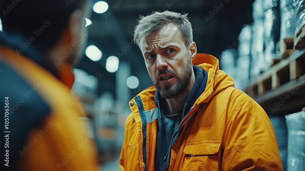 Poster worker arguing with a supervisor on a factory floor, highlighting tension and miscommunication in hi