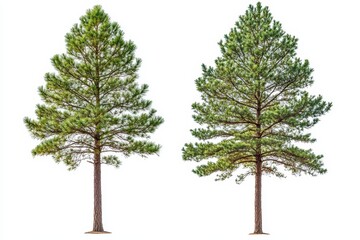 Two pine trees standing tall on a white isolated background, showcasing lush green foliage and natural beauty.