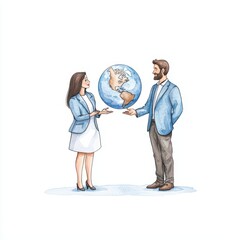 Fototapeta premium Two professionals exchanging ideas with a globe, representing global collaboration.