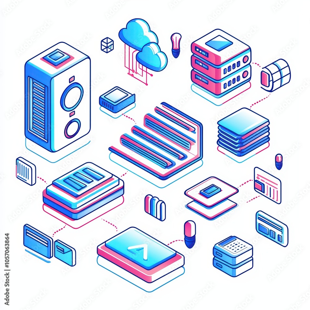 Poster illustration of server and cloud computing icons on a white background.