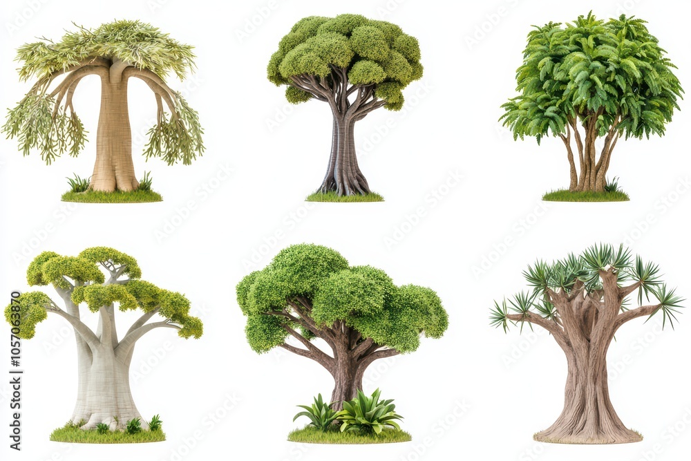 Poster various tree models displayed on a white isolate background.