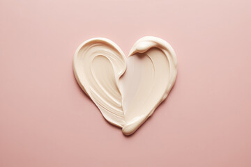 Swatch Smear of cosmetic cream in the shape of a heart isolated on a pink background. AI generated