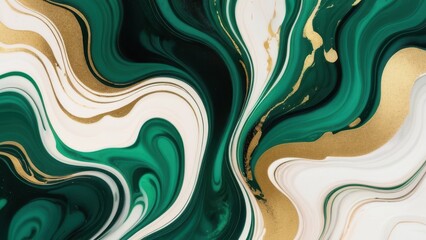 A stunning abstract painting with swirling green, white, and gold patterns, perfect for adding a touch of elegance to any space