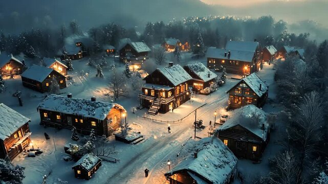 Snowy village scene with heatmap highlights, warm colors marking the coziness of homes and cool tones over the cold, snowy streets. . Video