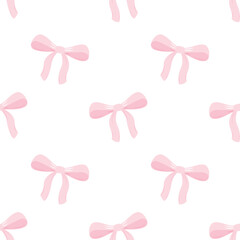 pink bows. Vector seamless pattern on white background in flat style in pastel colors. Cute illustration for web design, textile and wrapping paper