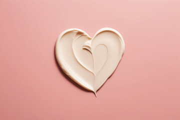 Swatch Smear of cosmetic cream in the shape of a heart isolated on a pink background. AI generated