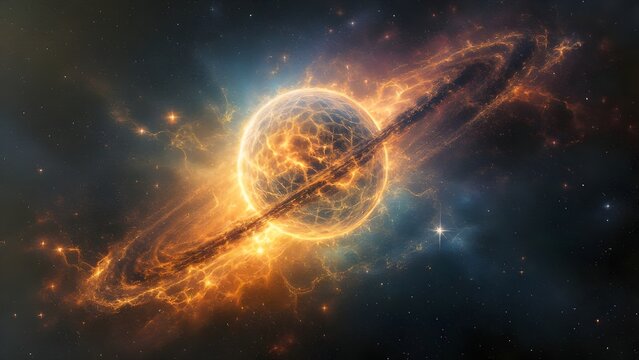 Cosmic Energy Sphere with Luminous Rings in Deep Space - Stellar Formation with Golden Energy Flares Against Starry Universe Background