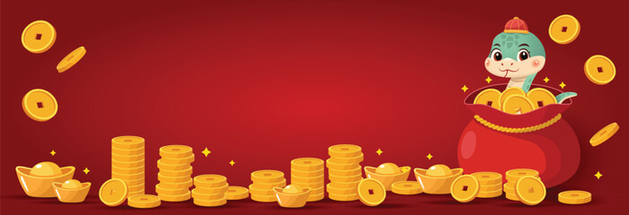 A cute snake peeks out of a bag filled with golden coins. Stacks of coins and gold ingots are scattered around.