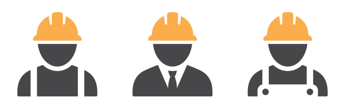 Builder icons set. Avatar with hard helmet and jacket set. Construction worker, engineer, labour, male worker and employee in a helmet - stock vector.