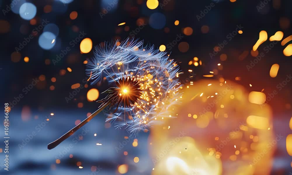 Poster magical dandelion seeds exploding with light and sparkles in dark background