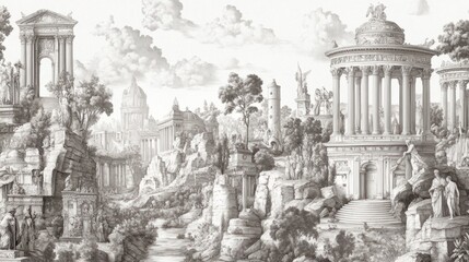 Wallpaper with detailed Roman frescoes of historical scenes and architecture, perfect for classic decor, isolated on white