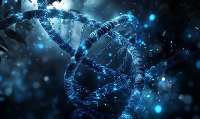 A futuristic representation of DNA strands glowing in blue, showcasing the complexities of genetic science and molecular biology