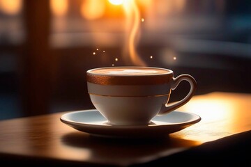 Fototapeta premium Cup of coffee on the table. Coffee break on sunset time - generative AI