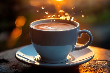 Cup of coffee on the table. Coffee break on sunset time - generative AI