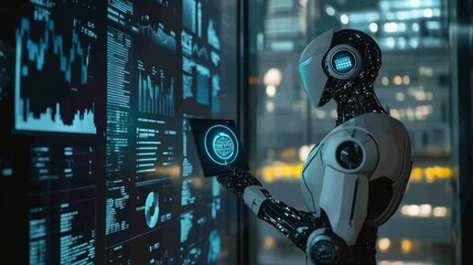 Fototapeta premium A futuristic robot holding an AI and big data technology icon stands in front of holographic charts,