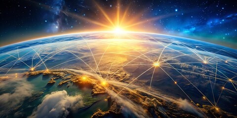 Obraz premium A Glowing Web of Interconnectedness Spanning the Globe, Bathed in the Golden Light of a Rising Sun