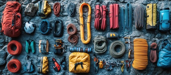 Fototapeta premium Flat lay of rock climbing gear, including ropes, carabiners, chalk bag, harness, helmet, water bottle, and backpack.