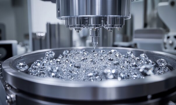 A state-of-the-art CVD diamond growth machine operates, carefully depositing carbon atoms to create synthetic diamonds in a highly controlled setting
