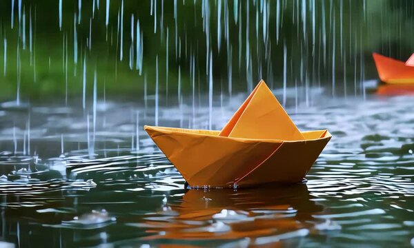 Colorful paper boat floating in the rain on a calm water surface