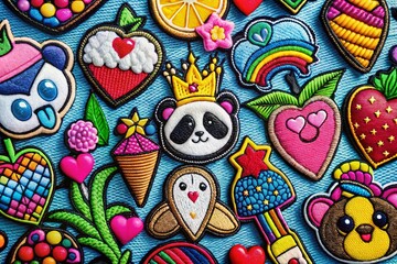 Naklejka premium Fashion Patch Badges Set in 80s and 90s Pop Art Style - Heart, Ice Cream, Panda, Unicorn, Fruit,