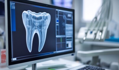 A tooth model is prominently displayed on a high-definition computer screen, highlighting its intricate details in a dental office.