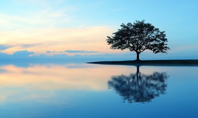 A tranquil scene featuring a solitary tree silhouetted against a serene blue landscape, reflecting softly in calm water