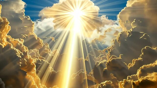 Beautiful sky at sunrise with clouds and sun. Heavenly light rays breaking through clouds. Divinity light. Easter morning. Biblical scene, heaven, sign from God. Resurrection and ascension of Christ