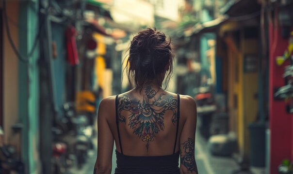 A woman with tattoos on her back walks down a narrow street