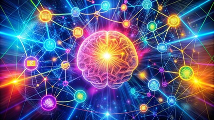Obraz premium A glowing brain at the center of a vibrant network of interconnected abstract symbols, representing the complex interplay of ideas and knowledge.