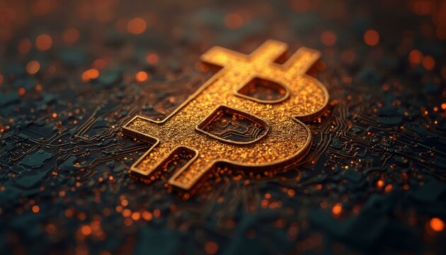 Gold Bitcoin Symbol On Dark Circuit Board Background With Glowing Lights
