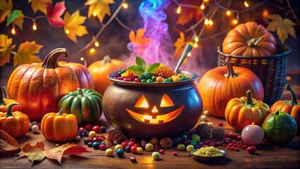 Festive Halloween Cauldron with Colorful Candies and Pumpkins for Spooky Celebrations