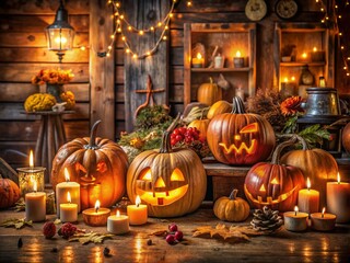 Festive Halloween Workshop with Carved Pumpkins on Rustic Table - Long Exposure
