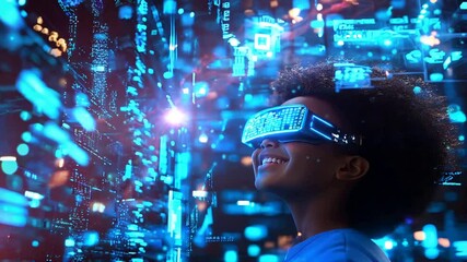 Happy child wearing a futuristic vr headset is exploring a metaverse environment with glowing blue data streams flowing in the background - Powered by Adobe
