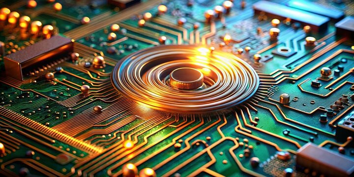 A glowing, copper-plated circuit board, intricate pathways, and a mesmerizing central hub pulse with digital energy.