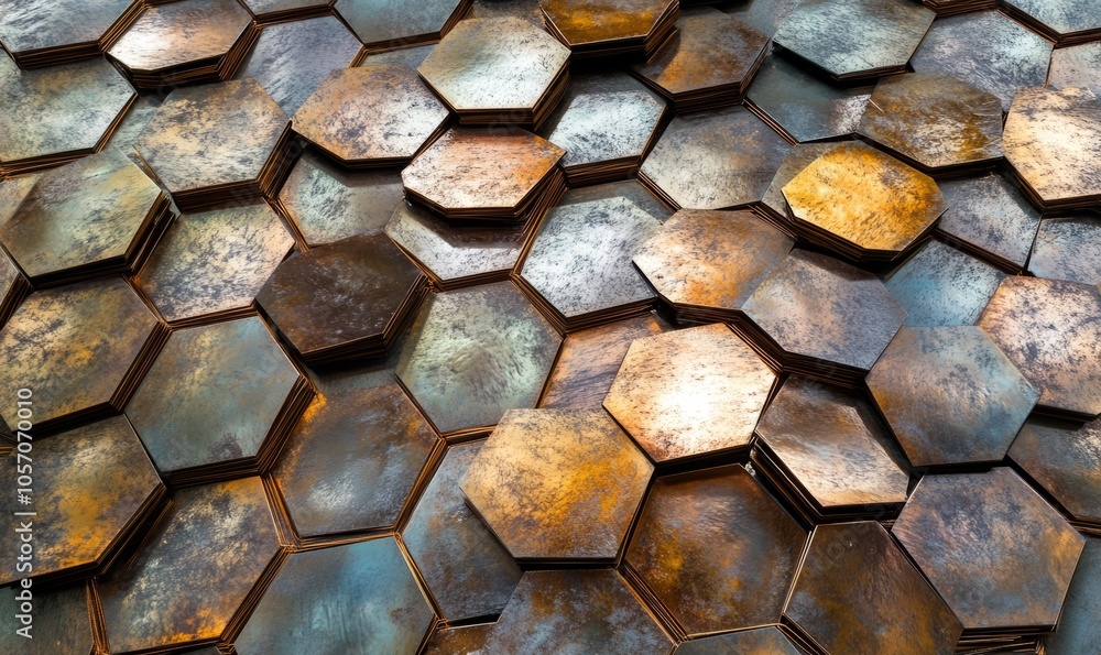 Aufkleber stunning patterns of overlapping metallic hexagons create an intricate design reflecting light in an