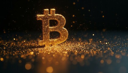 Golden Bitcoin Symbol Made From Gold Dust Particles On Dark Background