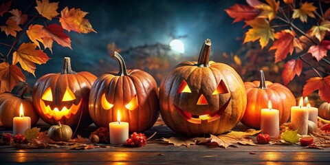Fototapeta premium Festively Carved Pumpkins with Glowing Candles Amidst Autumn Leaves for Halloween Night
