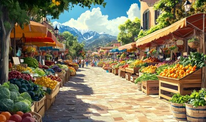 Vibrant farmer\'s market with fresh produce and smiling shoppers enjoying a sunny day in a lively community atmosphere