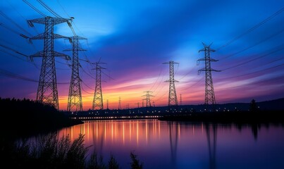 Fototapeta premium View of electric turbines generating power within a dam\'s powerhouse at dawn, showcasing structural engineering and renewable energy technology
