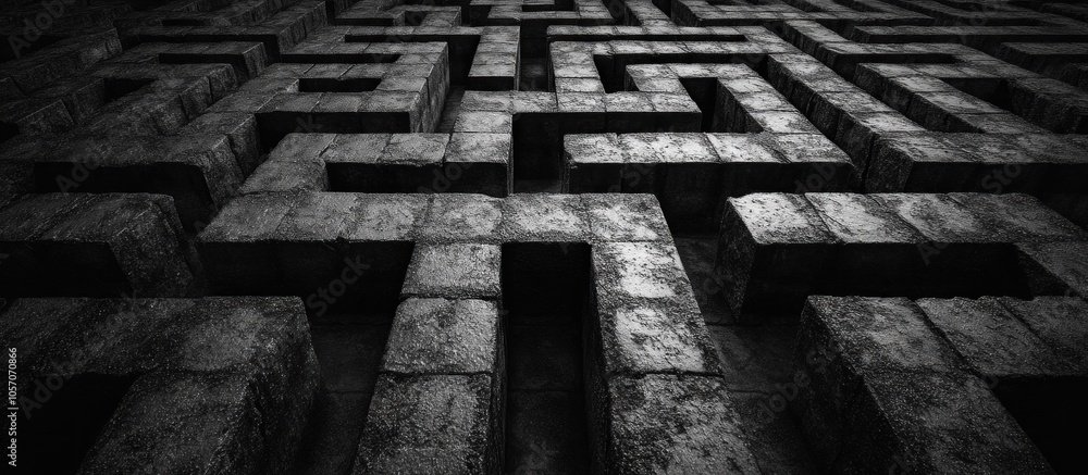 Poster a maze made of stone blocks creates a complex and challenging path, with a perspective from within t