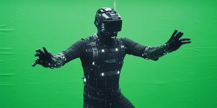 Dancer in a motion capture suit performs on a green screen stage for a sci-fi film production
