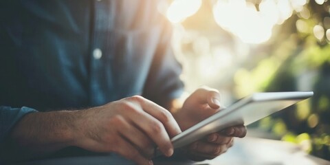 A businessman uses a tablet to manage his online marketing. He's focusing on search engine optimization (SEO), advertising, and online sales to grow his business and make more money.