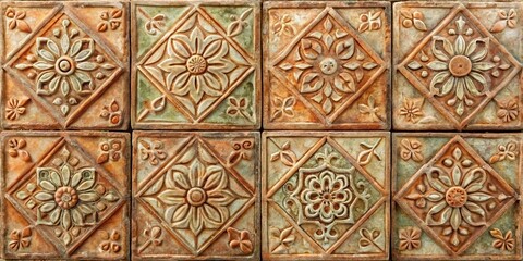 A mosaic of intricately carved terracotta tiles, each featuring a unique floral design, showcases the artistry of decorative craftsmanship.