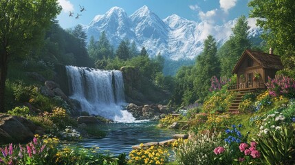 Fototapeta premium Mountain Waterfall Cabin