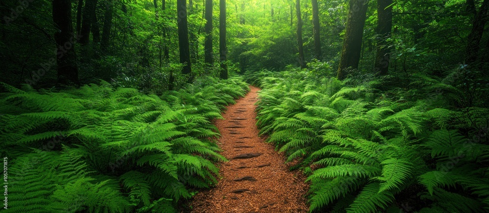 Poster a winding path through a lush green forest, sunlight filtering through the canopy, creating a mystic