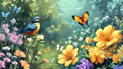 Fototapeta premium Botanical garden illustration, depicting colorful flowers and small animals like butterflies and birds